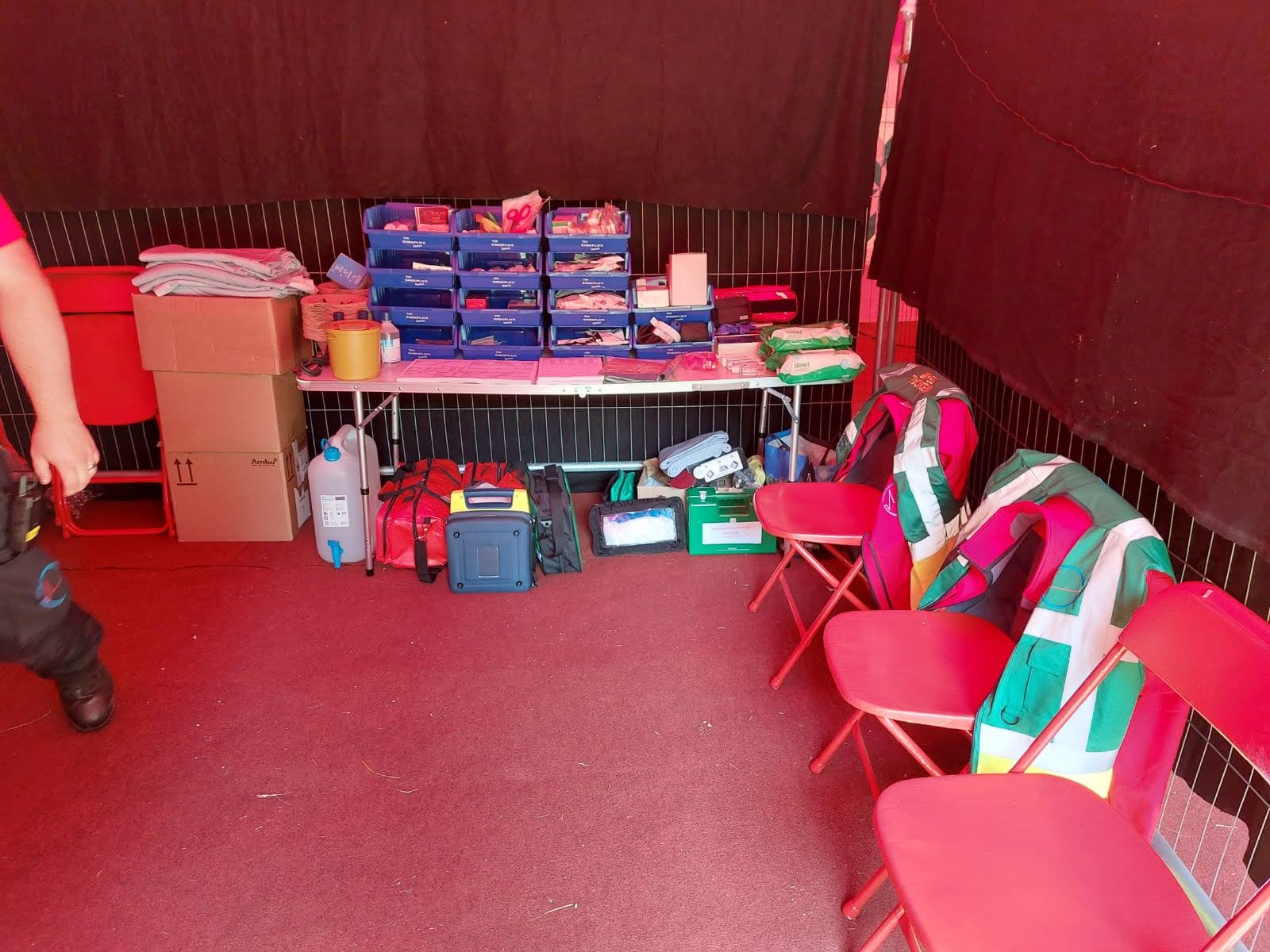 First Aid equipment in a First Aid treatment tent